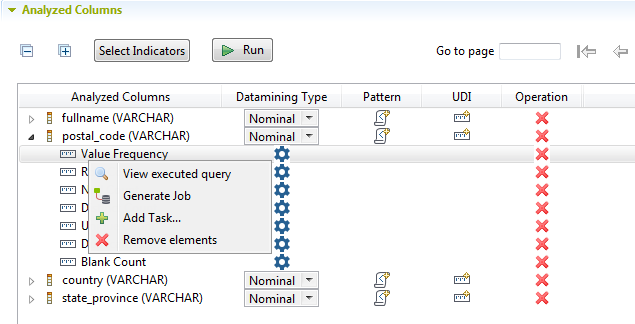 Menu contextuel d'un indicateur dans la section Analyzed Columns (Colonnes analysées).