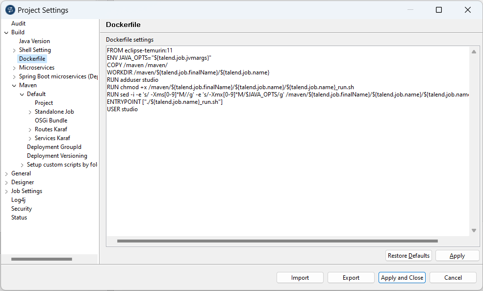 Boîte de dialogue Project Settings (Paramètres du projet).