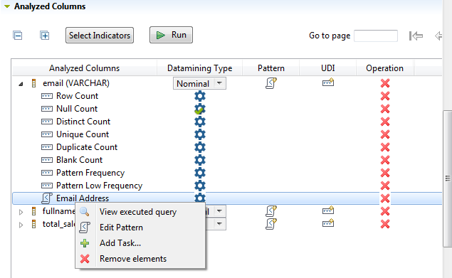 Menu contextuel d'une colonne analysée dans la section Analyzed Columns (Colonnes analysées).