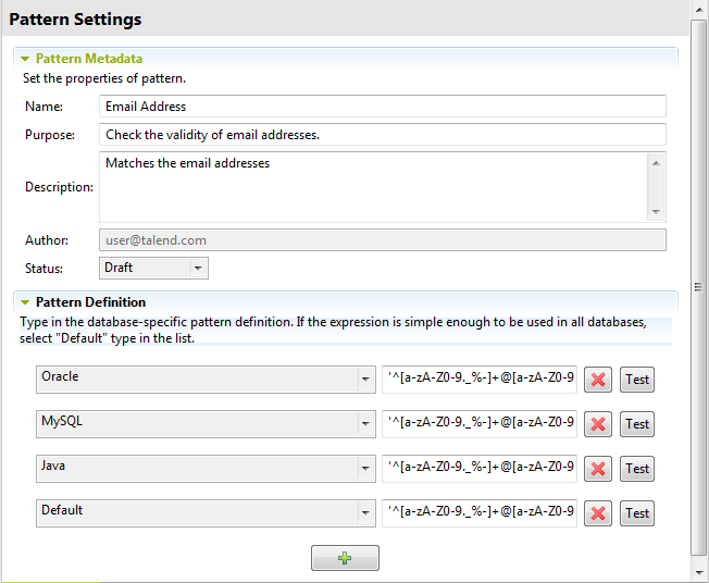 Vue d'ensemble de la section Pattern Definition (Définition du modèle).