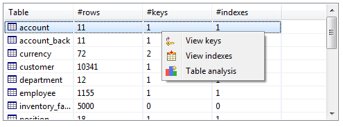 Menu contextuel d'une table dans la section Statistical Information (Informations statistiques).