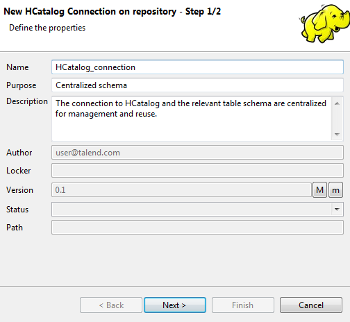 Boîte de dialogue New HCatalog Connection on repository - Step 1/2 (Nouvelle connexion à HCatalog dans le référentiel - Étape 1/2) affichant les propriétés générales.
