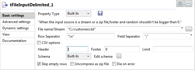 Vue Basic settings (Paramètres simples) du composant tFileInputDelimited.