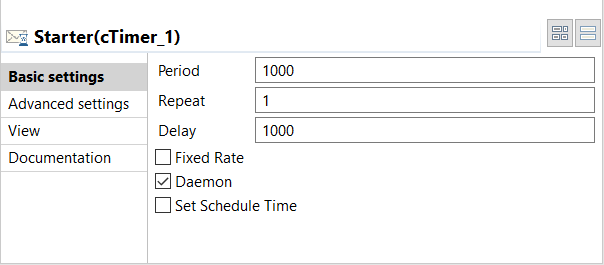 Vue Basic settings (Paramètres simples) du composant cTimer.