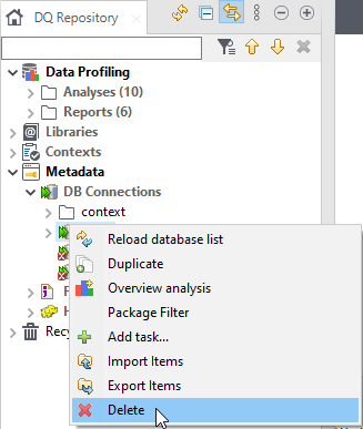 Menu contextuel d'une connexion à une base de données dans la perspective Profiling.