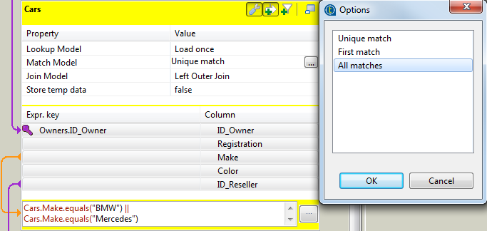 Boîte de dialogue Options dans l'éditeur de mappings Map Editor.