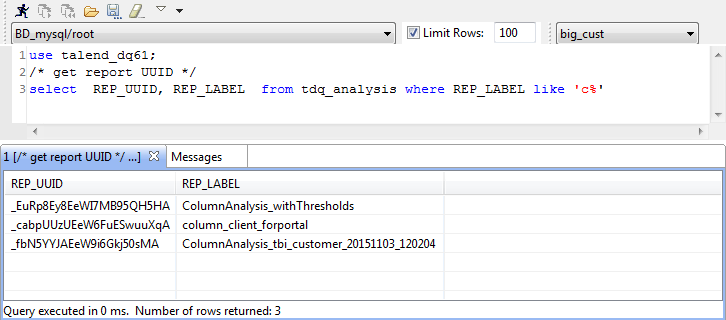 Noms et identifiants des rapports dans la perspective Data Explorer.