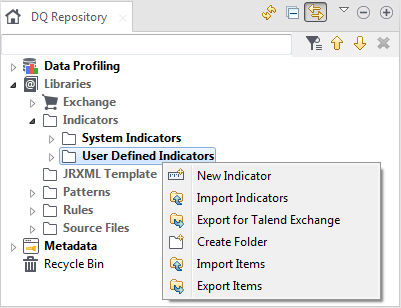 Menu contextuel du nœud User Defined Indicators (Indicateurs personnalisés).