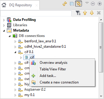 Menu contextuel d'une connexion à une base de données dans la perspective Profiling.