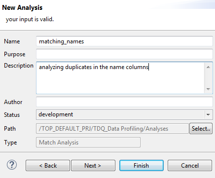 Capture d'écran de la boîte de dialogue New Analysis (Nouvelle analyse) dans laquelle le nom de l'analyse est matching_names, la description est analyzing duplicates in the name columns et le statut est development (en développement),