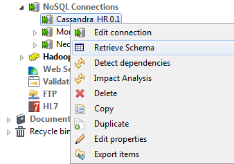Option Retrieve Schema (Récupérer le schéma) sélectionnée via un clic-droit.