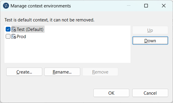 Boîte de dialogue Manage context environments (Gérer les environnements de contexte).
