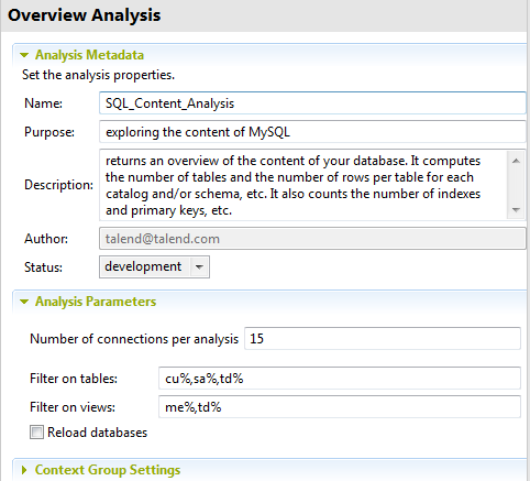 Vue d'ensemble de la section Analysis Metadata (Métadonnées d'analyse) contenant les métadonnées définies.