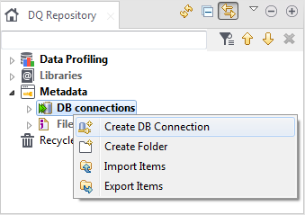 Menu contextuel du nœud DB connections (Connexions à la base de données) dans la perspective Profiling.