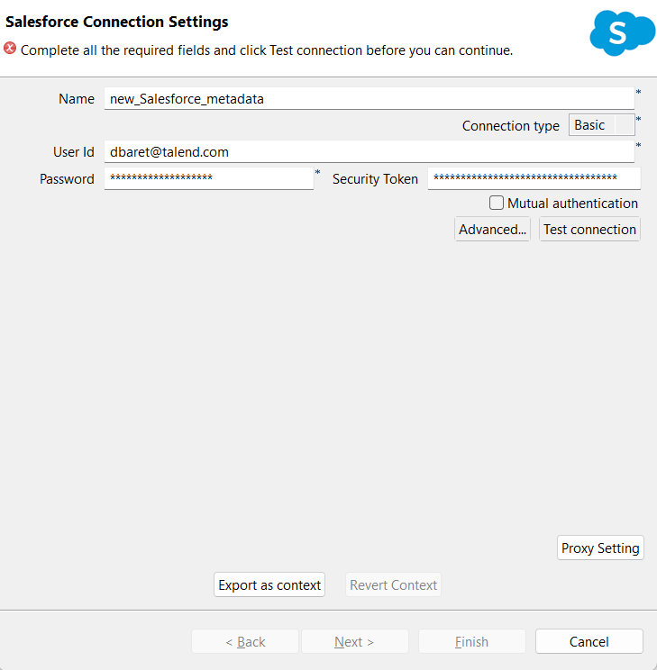 Boîte de dialogue Salesforce Connection Settings (Paramètres de la connexion à Salesforce).