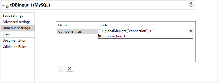 Liste déroulante de la cellule de la colonne Code dans la vue Dynamic settings (Paramètres dynamiques) d'un composant.