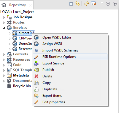 Options ESB Runtime Options (Options du Runtime ESB) dans la vue en arborescence Repository (Référentiel).