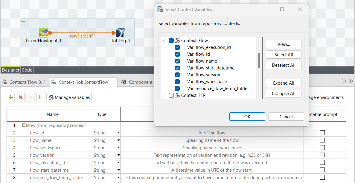 Boîte de dialogue Select Context Variables (Sélectionner des variables de contexte).