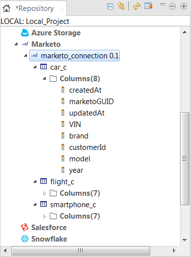 Connexion à Marketo affichée dans l'arborescence Repository (Référentiel).