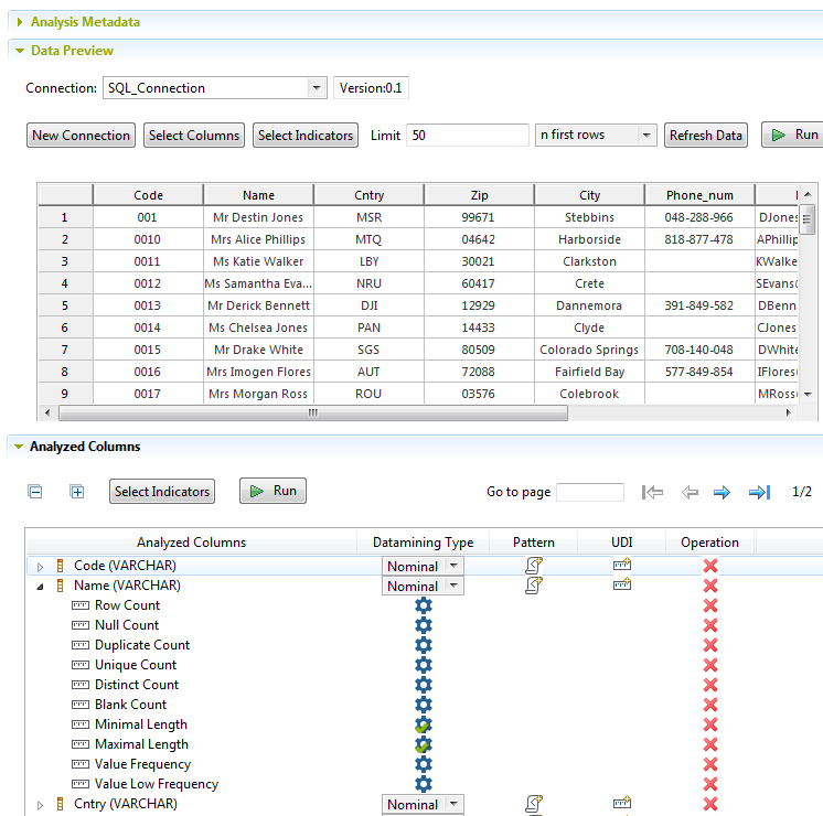 Vue d'ensemble des sections Data Preview (Paramètres des projets de référence) et Analyzed Columns (Colonnes analysées) une fois les indicateurs automatiquement attribués.