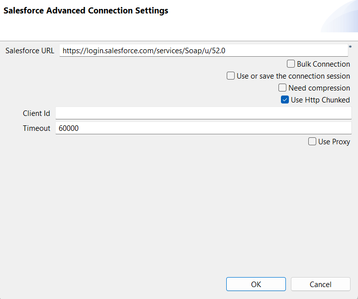 Boîte de dialogue Salesforce Advanced Connection Settings (Paramètres avancés de la connexion à Salesforce).