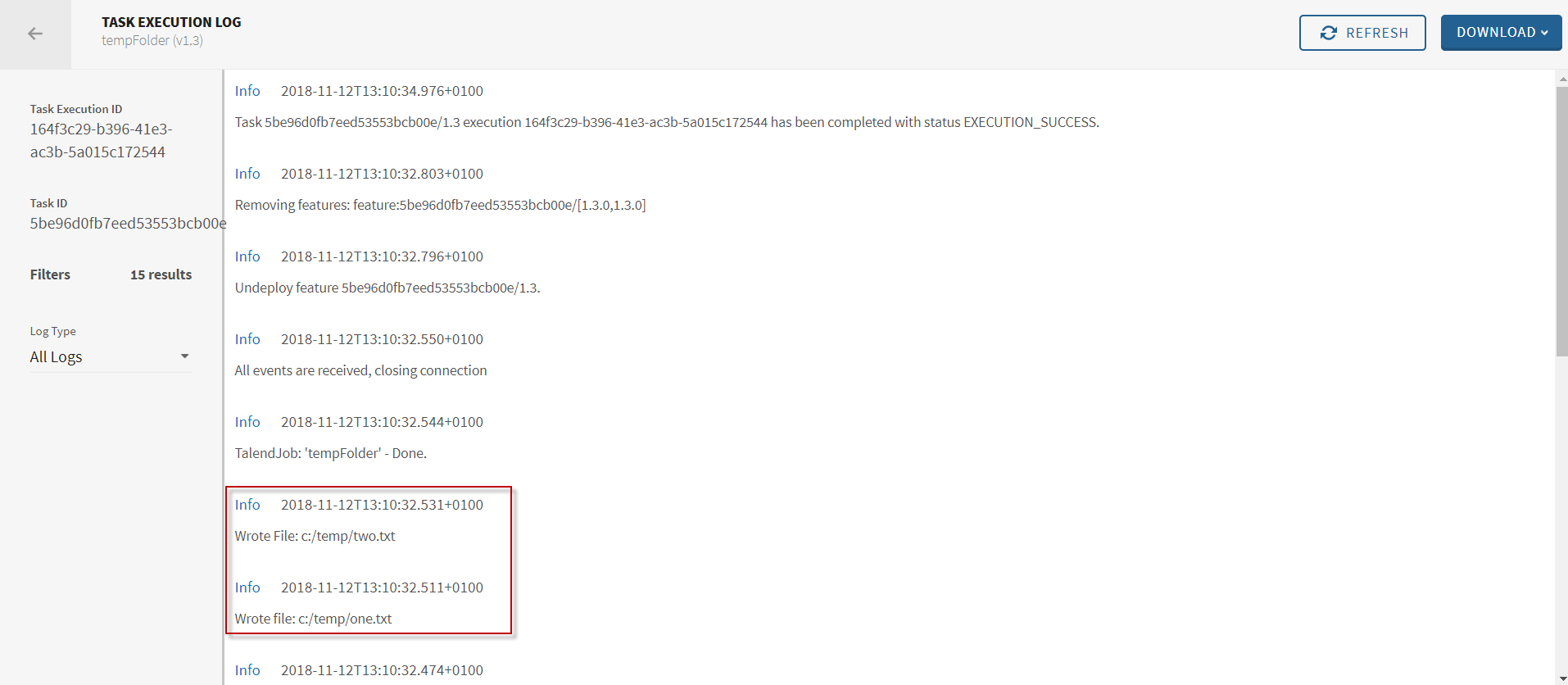 Logs d'exécution des tâches dans Talend Management Console.