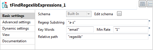 Vue d'ensemble des paramètres simples du composant tFindRegexlibExpressions.