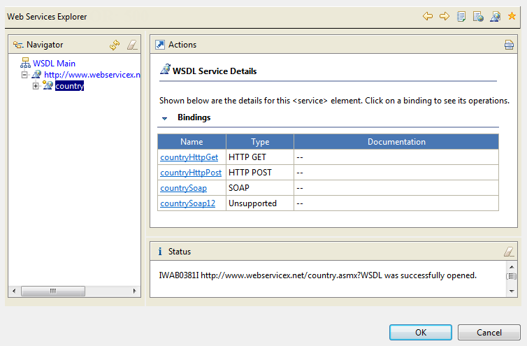 Boîte de dialogue Web Services Explorer ouverte sur ses détails.