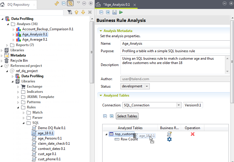 Vue d'ensemble de l'analyse Age_Analysis analysis et de la règle SQL à utiliser.