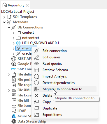 Menu contextuel Migrate Db connection to... (Migrer la connexion à la base de données vers...).