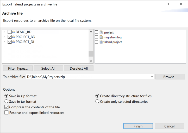 Export Talend projects in archive file (Exporter les projets Talend dans un fichier d'archive).