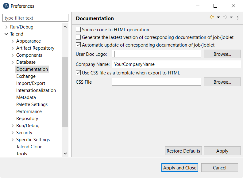 Vue Documentation dans l'assistant Preferences (Préférences).