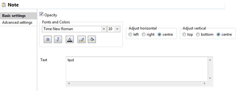 Vue Basic settings (Paramètres simples).