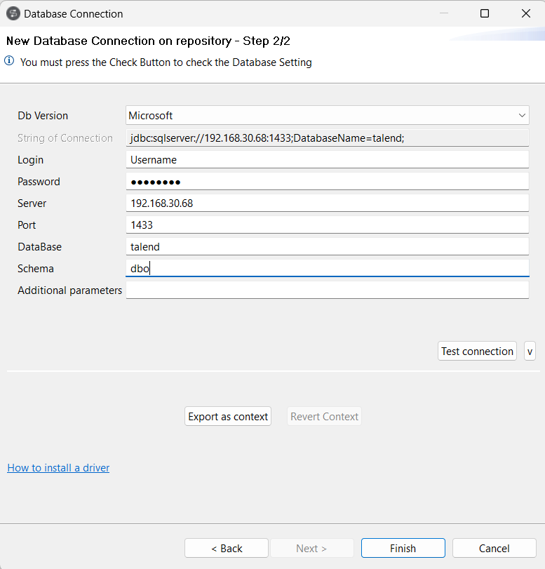 Boîte de dialogue New Database Connection on repository - Step 2/2 (Nouvelle connexion à la base de données dans le référentiel - Étape 2/2) .