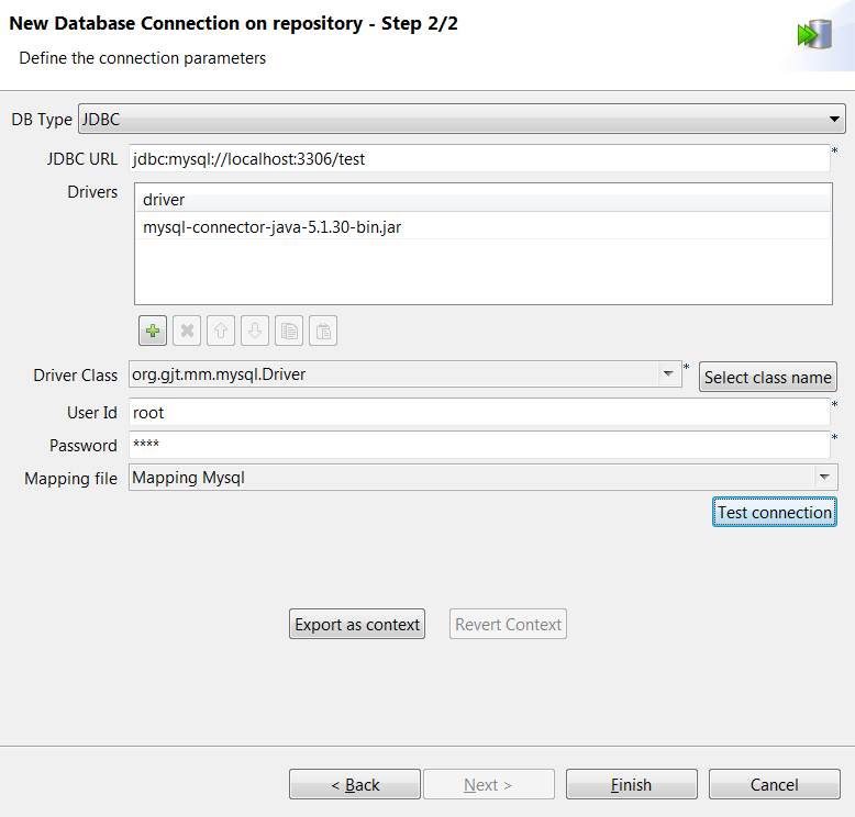 Assistant New Database Connection on repository - Step 2/2 (Nouvelle connexion à la base de données dans le référentiel - Étape 2/2) avec boîte de dialogue JDBC.