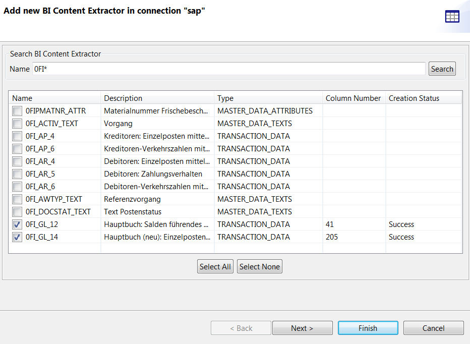 Boîte de dialogue Add new BI Content Extractor in connection (Ajouter un BI Content Extractor dans la connexion).