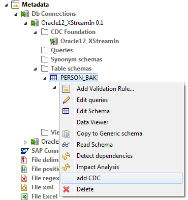 Menu contextuel d'une table source.