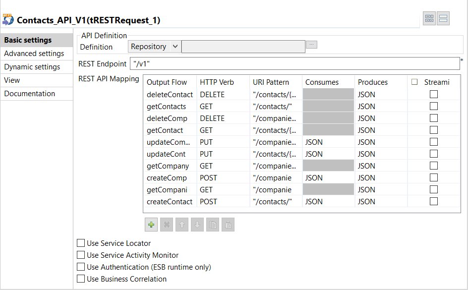 Vue Basic settings (Paramètres simples) du tRESTRequest avec mapping d'API REST.