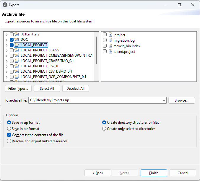 Export Talend projects in archive file (Exporter les projets Talend dans un fichier d'archive).