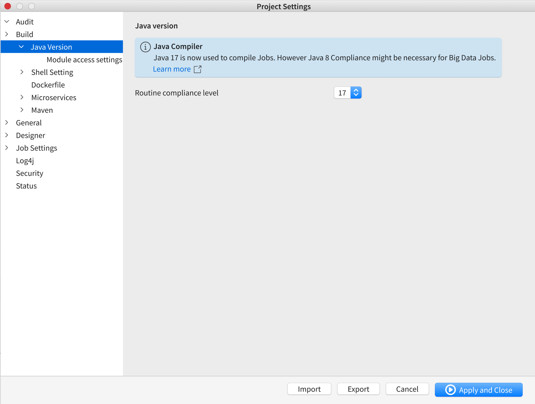 Configuration de Java Version (Version de Java) dans la boîte de dialogue Project Settings (Paramètres du projet).