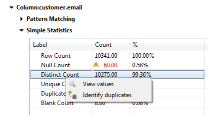 Menu contextuel d'un libellé dans la section Simple Statistics (Statistiques simples).