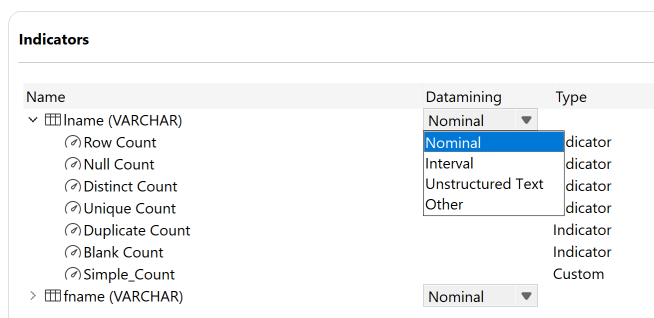 Liste déroulante pour le type de data mining d'une colonne analysée dans le menu Indicators (Indicateurs).