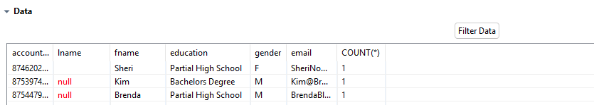Liste des données ne correspondant pas dans la section Data (Données).