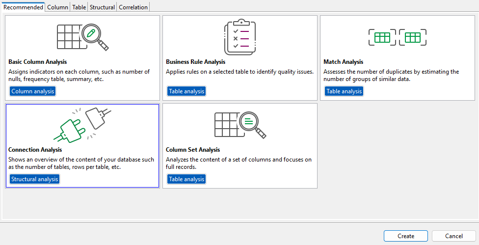 Vue d'ensemble de l'assistant Create new analysis (Créer une analyse).