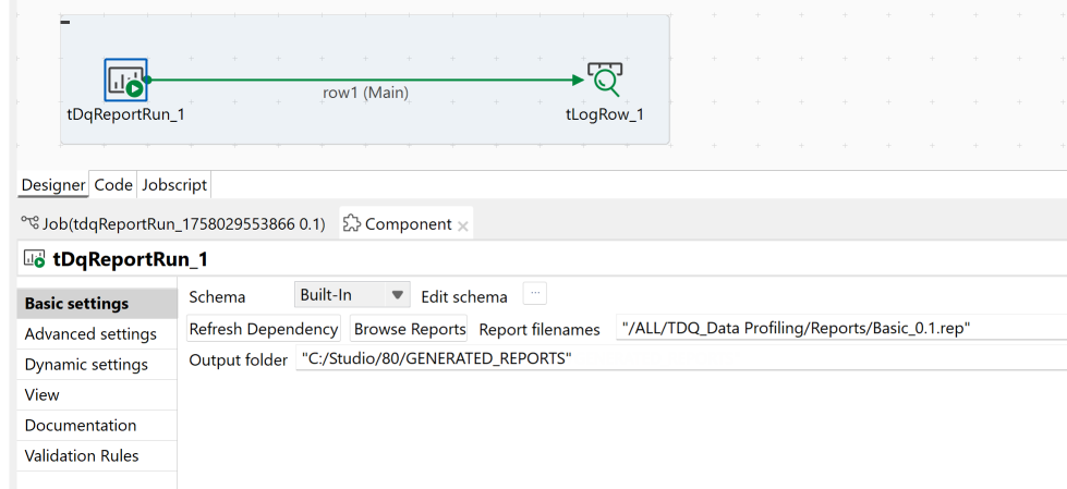 Job utilisant les composants tDqReportRun et tLogRow.