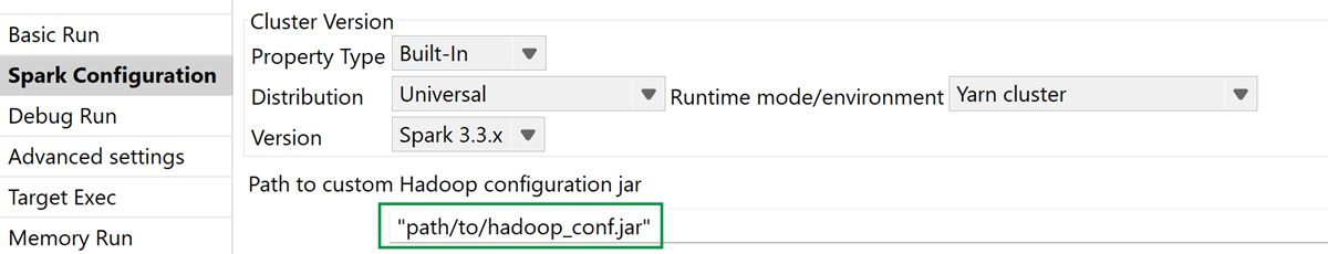 Vue Spark Configuration (Configuration de Spark) ouverte avec le chemin d'accès au fichier JAR de configuration personnalisée d'Hadoop sélectionné.