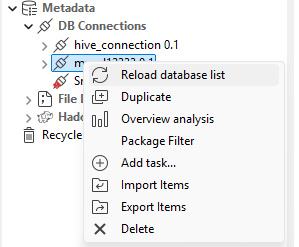 Menu contextuel d'une connexion à une base de données dans la perspective Profiling.