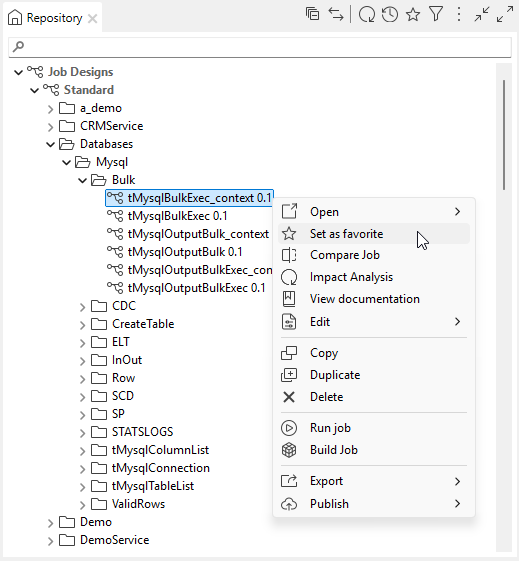 Option Set as favorite (Définir comme favori) dans la vue Repository (Référentiel).