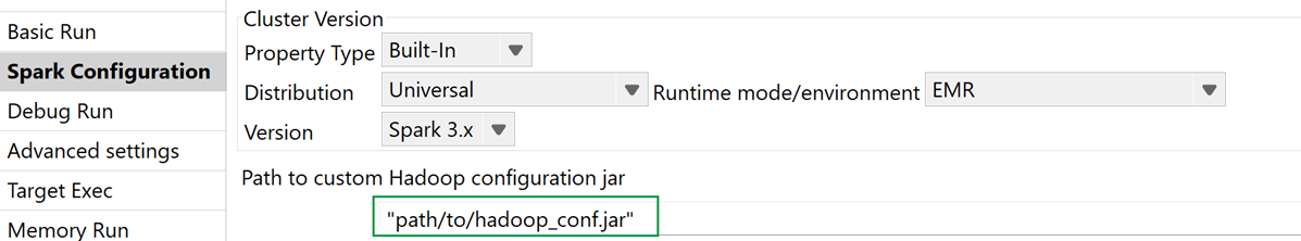 Vue Spark Configuration (Configuration de Spark) ouverte avec le chemin d'accès au fichier JAR de configuration personnalisée d'Hadoop sélectionné.