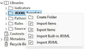 Menu contextuel du nœud JRXML Template (Modèle JRXML).